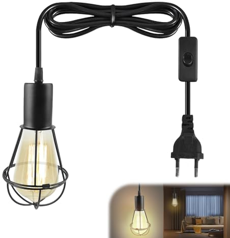 Lámpara de techo industrial con enchufe, Lámpara colgante vintage industrial, Lámpara Colgante con cable 4.5M, lámpara de techo con interruptor enchufe E26/E27 Retro portalámparas