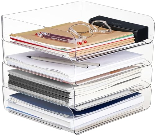Office Stackable Clear Paper Trays - Purilit design Desktop Racks for Desk File Rack,Letter Tray,Accessories Tray for Desktop,A4 Paper Holder,Supplies,Magazine,File Documents,Receipts (4pack, Clear)