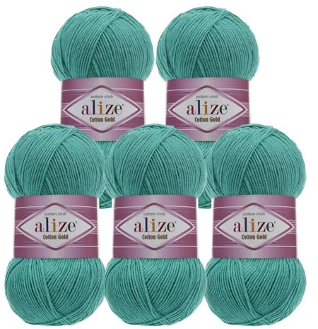 5 x 100g Strickgarn Alize Cotton Gold Uni Klassikgarn Häkelgarn Strick-Wolle Farbwahl, Farbe:610 wasserblau