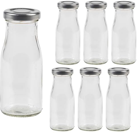 Vitrea 6 leere Glasflaschen 150ml Schraubverschluss Silber - Milchflaschen, Saftflaschen, kleine Flaschen zum Befüllen mit Deckel - für Milch, Saft, Smoothies, Öl - 6 Stück, TO43, Epi