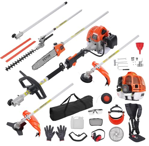 VEVOR 33CC 6-in-1 Heckentrimmer, Benzin-Heckenschere, Unkrautvernichter, Fadentrimmer, Freischneider, Kantenschneider, Hochentaster, Kettensäge, Astsäge mit Verlängerungsstange