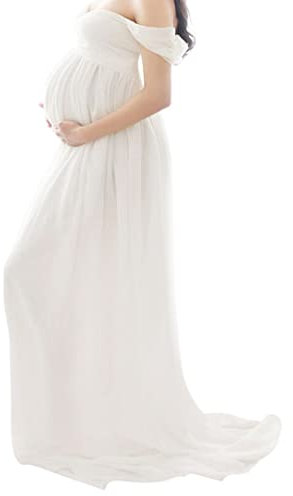 Pesoncarl Abito di maternità Lady Chiffon off Spalla Fotografia Maxi Abito in Gravidanza Abito da Corsa White S, Abiti per la maternità ospite di Nozze