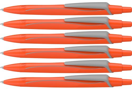 Schneider 131926 Reco Neon Edition Kugelschreiber (aus recyceltem Kunststoff, ausgezeichnet mit Der blaue Engel, Schreibfarbe: blau) neon orange, 6 Stück