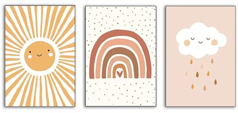 3 Stück Boho Regenbogen Wolke Mond Sonne Herz Kinderzimmer Wand Kunst Leinwand Malerei Nordic Poster und Drucke Bilder Baby Kinderzimmer Wohnkultur Ohne Rahmen