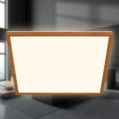 BRILONER - LED Deckenlampe mit indirektem Licht, flach, warmweißes Licht, Lampe, Deckenleuchte, Wohnzimmerlampe, LED Panel, Küchenlampe, Schlafzimmerlampe, 42x42x3 cm, Holzrahmen