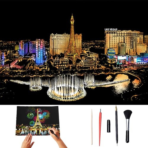 Hehuo Scratch Art for Kids & Adults, Colorful Sketches Scratch Off, Scratch Painting for Adults, Scratch Paper Art Rainbow, Paint by Scratch 16 X 11.2 Inches (Las Vegas)