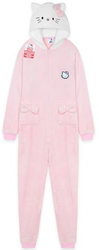 Hello Kitty Sanrio Schlafanzug Einteiler Damen Teens, Flauschiger Kapuzen Onesie Pyjama mit Taschen, Anime Geschenke für Sie (XL, Rosa)