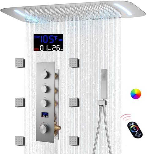 WHSHOWER Full Body Thermostatic Shower System with Body Jets Brushed Nickel LED Rainfall Shower System with 26X16 Inch LED Top Shower Head,Digital Display Shower Valve and Handheld Spray