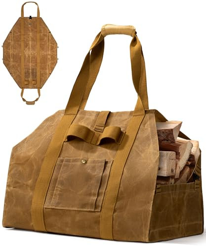 OneTigris Brennholz Log Tragetasche, 2-in-1 Kaminholztasche, Kaminholzträger aus gewachstes Segeltuch wasserdicht, Extra große Brennholz Träger mit Griffen, Holzkorb für Camping, Grillen und Outdoor