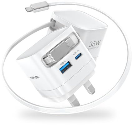 TOPADRE 35W Retractable USB C Charger with Cables, 3 Port Retractable Cable UK Plug, Fast Charger Plug for iPhone 17/16/15/14/13/12 Pro Max Series, for iPad Air, Tablet, Galaxy Series and More (White)
