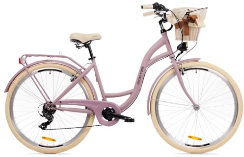 Goetze Mood 28 Zoll Damen Citybike, 18 Zoll Rahmen, 7-Gang Kettenschaltung, V-Bremse vorne & hinten, LED-Beleuchtung, Gepäckträger, Komfortsattel, Schutzbleche, Rattankorb mit Stoffeinsatz!