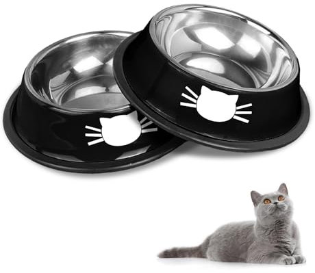 Set di ciotole per gatti antiscivolo in acciaio inox, ciotole per gatti per animali domestici (nero+nero)
