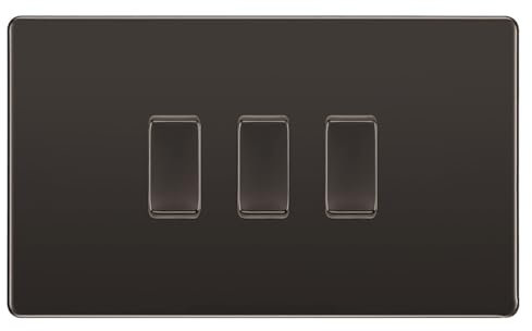 BG Black Nickel Screwless 3 Gang Switch 1x Intermediate 2x 2 Way Custom Grid