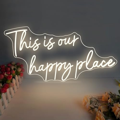 This is Our Happy Place Neonschilder Warmweißes LED-Neonschild ästhetische Raumdekoration für Teen-Mädchen Glücklicher Ort Licht für Schlafzimmer Salon Hochzeit Verlobungsparty