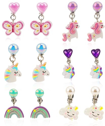 Ohrclips Kinder, 6 Paare Clip Ohrringe Kinder, Ohrclips aus Einhorn Regenbogen, Mit Krone, Blumen, Herzen Harz Bunte Ohrclip, Geeignet für Rollenspiel für Mädchen