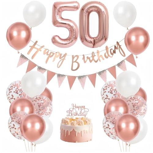 50th Birthday Decorations for Women – Rose Gold and White Balloon Party Set with Happy Birthday Banner, Number 50 Balloons and Cake Topper – Elegant 50th Birthday Party Supplies Kit