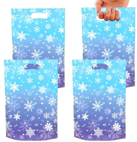 Ovanda 50Stück Winter-Schneeflocken-Party-Geschenktüten mit Griff,Geschenktüten Kindergeburtstag,Geschenktütens Weihnachten Schneeflocken,Geschenk Candy Tüten für Geschenk Mitgebsel Geschenkverpackung