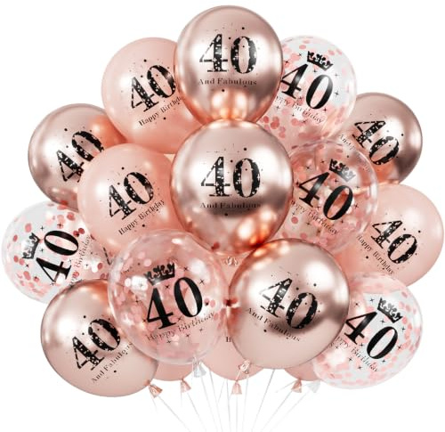 Adeyoo 40th Birthday Balloons for Women - Rose Gold 40th Birthday Decor | 24Pcs 12Inch Rose Gold Latex Confetti Balloons, Fabulous Happy 40th Birthday Party Decorations for Anniversary Celebration