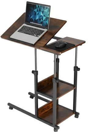 Relaxdays Laptoptisch, 63–90 cm höhenverstellbar, neigbar, Beistelltisch mit Rollen, 2 Ablagen, C-Form, braun/schwarz