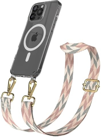 EAZY CASE Handykette - Verstellbares Taschenband kompatibel mit iPhone 16 Pro Max, Schulterriemen, Handykordel mit Silikon Hülle, Qi Charging kompatibel, Umhängetasche, Mint/Rosa Mix Gold