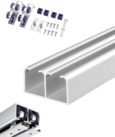 Rail Porte Coulissante Kit de Rail Coulissant pour Porte Placard à Double Contour Renforcé, Quincaillerie pour Fantôme Grange et Armoire pour Portes Coulissantes en Bois(Silver,3ft/91cm)