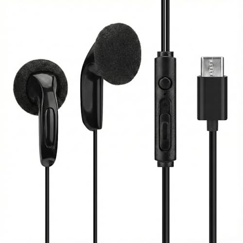 GEEKRIA USB-C Wired Earbuds with Microphone, HiFi Stereo Bass In-Ear Headphones, Easy-to-Use Earphones for Seniors, Includes Extra Foam Ear Pads, Compatible with Phone, PC (Black / 3.9FT)