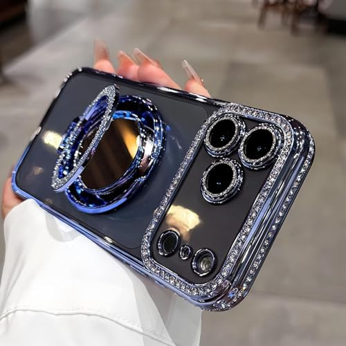 Sparkling Diamond Women's Phone Case with Mirror & Stand for iPhone 13/14/15/16/17 Pro Max, Magnetic Kickstand Glitter Rhinestone Phone Case (Blue,17Pro)