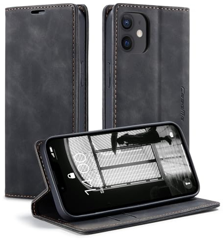 KZB für iPhone 12 Hülle, Magnet Leder Klapphülle Stoßfest | Retro PU Leder, 2 Kartenfach, Standfunktion, Schutzhülle, Flip Case, Handyhülle für iPhone 12 6,1'', Schwarz