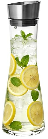 GLASKEY Wasserkaraffe, 1.0 Liter Glaskaraffe mit Deckel, Saftkrug aus Glas mit Schwerkraftdeckel aus Edelstahl, Borosilikatglas-Karaffe für Eistee, Limonade, Kaffee, Saftgetränke
