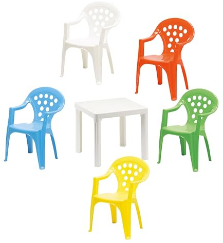 Hline Kinder Garten Sitzgruppe Tisch mit Stühlen Gartenstuhl Sessel (1 Tisch 5 Stühle bunt)
