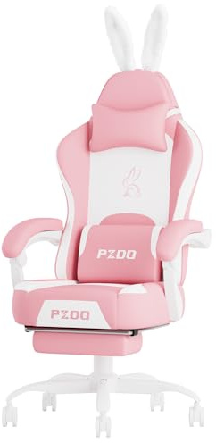 Submi Pink Gaming Chair, High Back Computer Chair with Bunny Ear, Kawaii Gaming Chairs for Girls Adults Kids Women, Reclining Chairs with Footrest & Lumbar Support, Gift(Pink-White)