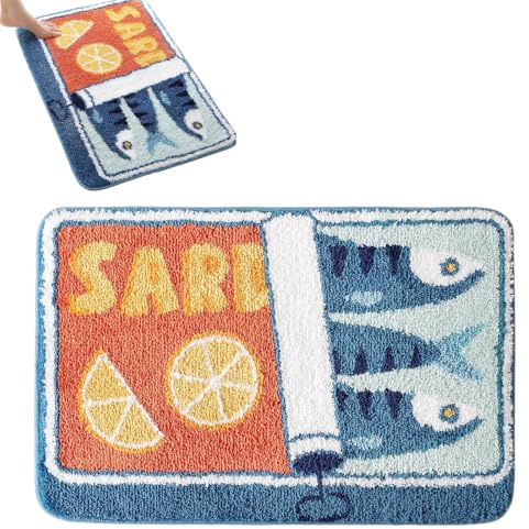 Sardinen Dose Badezimmermatte 50x80 cm, Lustige Badmatte Waschbar Rutschfest, Weicher Badteppich Cartoon Fisch Zitrone, Saugfähiger Duschvorleger für Bad Küche Schlafzimmer Toilette Wohnzimmer