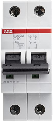 ABB S202M-C10 Miniature Circuit Breaker, 2 Pole, Type C, 10/15kA Breaking Capacity, 10 Amp Current (2CDS272001R0104)