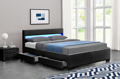 Exclusive Harmin Designer Musical, Bluetooth LED Colour Changing Faux Leather Bed Frame with Remote for LEDs (Double 4ft6, Black)