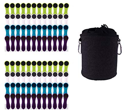 Pinces à Linge avec Pince en matière Douce et adhérente + Sac à Pinces à Linge - Pinces Blanches/Bleues/Vertes/Violettes - Sac Gris - 96 Pinces