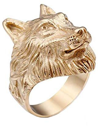 PAMTIER Herren Edelstahl Retro Rocker Wolf Kopf Ring Gold Größe 65