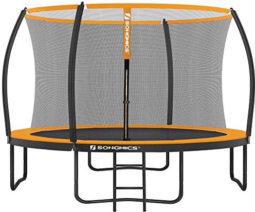SONGMICS Trampolin 305 cm d, Gartentrampolin für Kinder mit Sicherheitsnetz, 180 cm hohe gebogene Stangen, Randabdeckung, Leiter, Stahlrahmen, schwarz-orange STR102O01