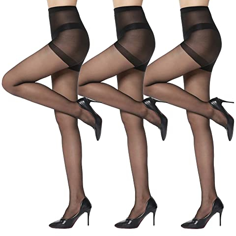 HA WA 3 Paar Strumpfhosen Für Damen 20 Den,Bauchweg Strumpfhosen Damen,Shape Feinstrumpfhose mit Hohe Taille Butt Lift Und Verstärkten Zehen Für Frauen(Schwarz,XL)