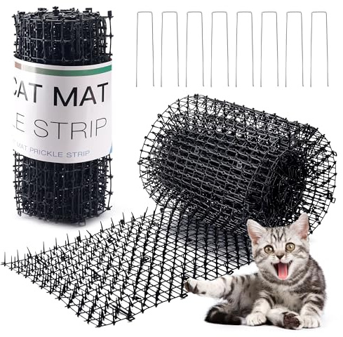 Hmyomina Katzen-Abschreckmatte mit Spikes, 4,5 m, Katzen-Abschreckungsmatte, Grabstopper, für drinnen und draußen, mit 8 Garten-Heftklammern, 2 Stück, Schwarz