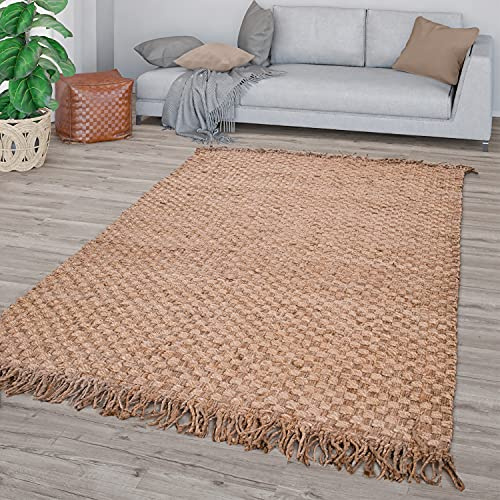 TT Home Wohnzimmer Teppich Kurzflor Handgeknüpft Einfarbig Moderne Sisal Optik, Farbe: Beige, Größe:120x170 cm