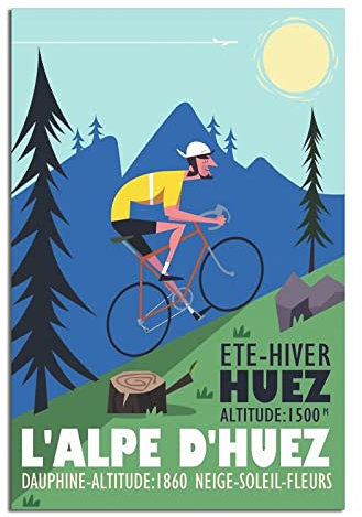 NMNM Frankreich Huez Fahrrad-Poster Vintage Reiseposter Leinwand Kunst Wanddekoration Poster Bild Gemälde Poster Geschenk 30 x 45 cm