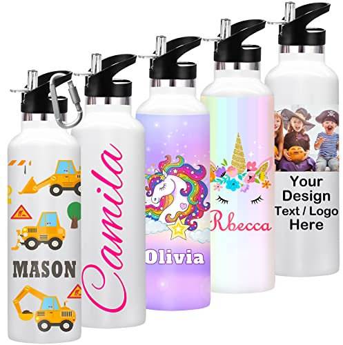 Personalized Water Bottles for School Supplies Bulk with Straw Custom Insulated Water Bottle Printed Name Text (26oz/12oz)