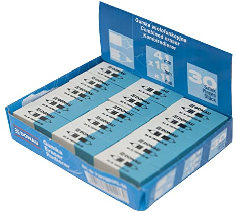 DONAU 7307001PL-99 Radiergummi / 30 Stück/Farbe: Weiße/Blau/Radierer für Bleistifte und Kugelschreiber/aus Hochwertigem Kautschuk/Hergestellt Beideseitig Verwendbar/ 41 x 18 x 11 mm