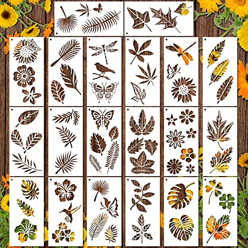 MWOOT 20 Blätter Malerei Schablonen Painting Stencils,Wiederverwendbare Pflanze Leaf Zeichnung Vorlage Satz,DIY Blume Drawing Templates für Scrapbooking Leinwand Möbel Handwerk Dekoration(23x11cm)