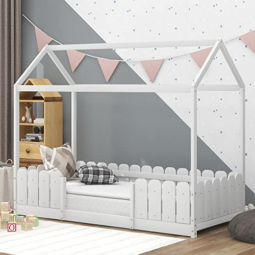 Kinderbett 90x200 cm Hausbett mit Robuste Lattenrosten und Rausfallschutz, Vielseitiges Holzbett Bodenbetten Einzelbett Jugendbett für Kinder, Ohne Matratze (Weiß)