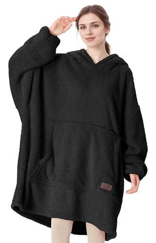 Catalonia Classy Wearable Oversized Hoodie Blanket, Snuggle Sherpa Blanket Hoodie, Warm Throw Blanket Sweatshirt with Sleeves for Winter, Gifts for Mum Women Men Adults Teens, Black