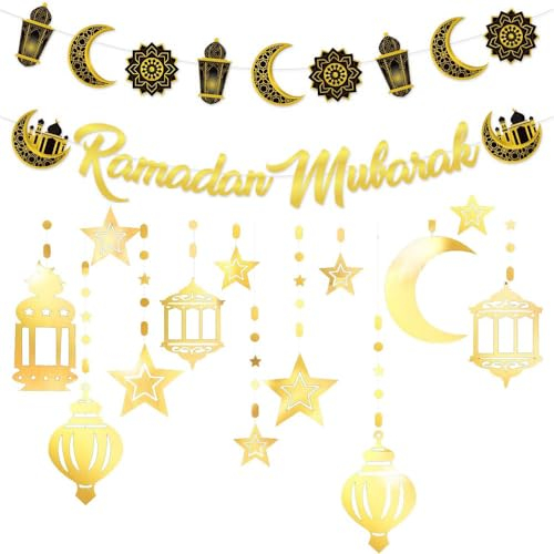 XINDY Ramadan Deko, Schwarz Gold Ramadan Mubarak Banner Stern Mond Ramadan Girlande für Ramadan Dekoration, Ramadan Mubarak Dekoration Eid Mubarak Muslimische Islam Party Ramadan Kareem Deko