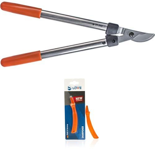 Original LÖWE Set bestehend aus Profi Bypass Astschere 31.050 zweischneidig, für präzise Schnitte im Weinbau, Obstbau und Gartenbau & Klingenschärfer 0022 für Gartenscheren und Industriescheren