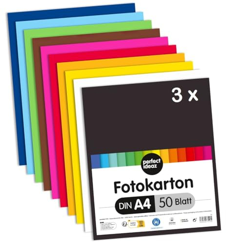 perfect ideaz 150 Blatt Fotokarton DIN-A4, 10 Farben, 300 g/m², MADE IN GERMANY (3 x 50 Blatt)