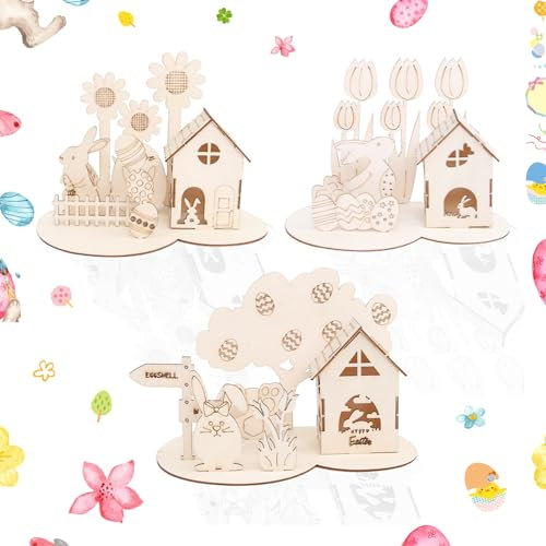 3D Holzpuzzles Holzhaus Osterdekoration,3pcs Ostereier Holzpuzzle für Ostern,Handgemachte DIY Holzpuzzles Kaninchen Osterei Häuschen Deko,3D Puzzle Holzpuzzle Modellbau für Erwachsene Kinder